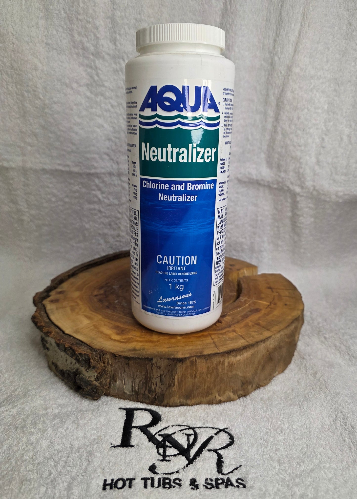Aqua Neutralizer bottle on a wooden block with a brand logo in the background