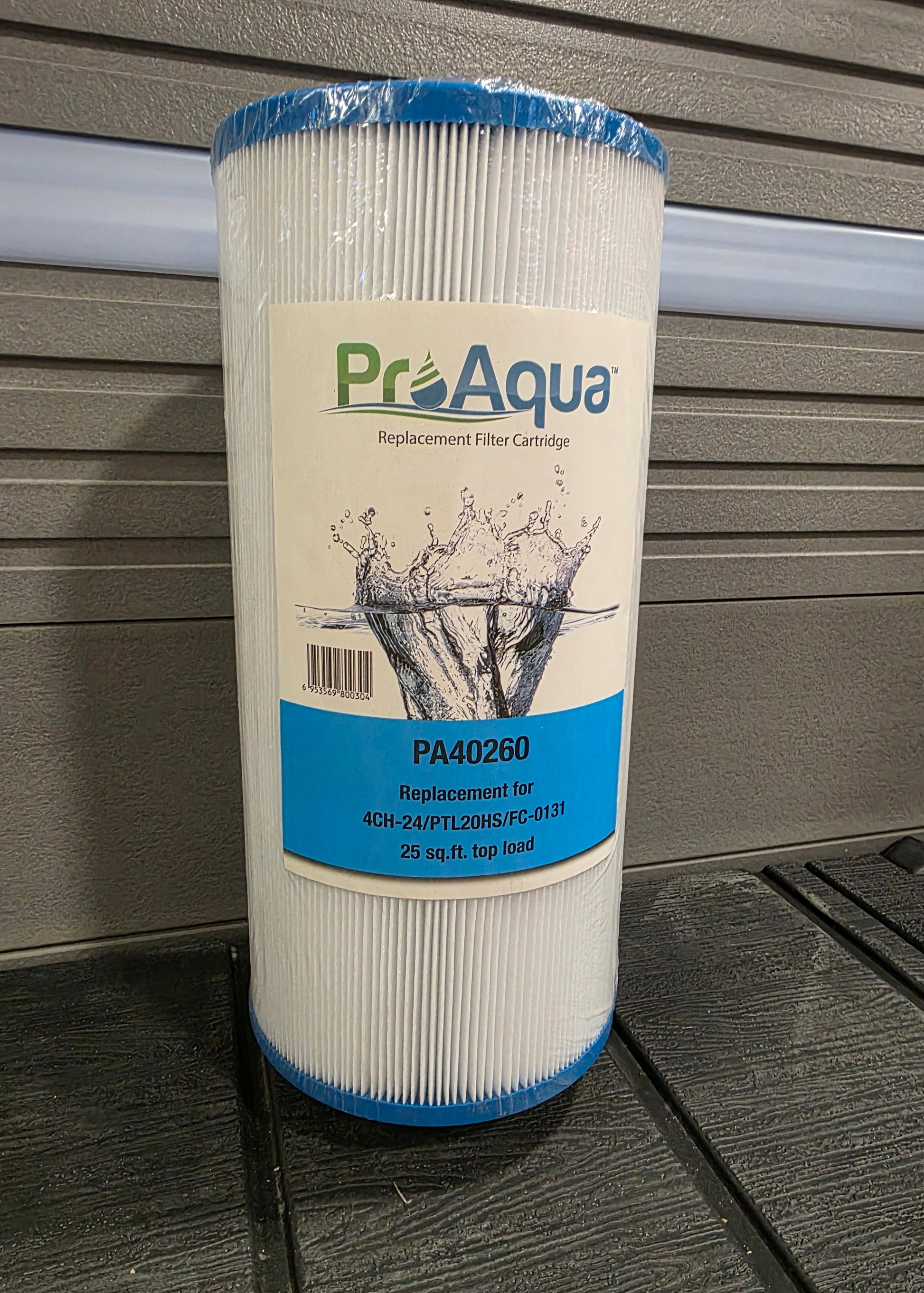 ProAqua replacement filter cartridge on a hot tub step at RnR Hot Tubs and Spas