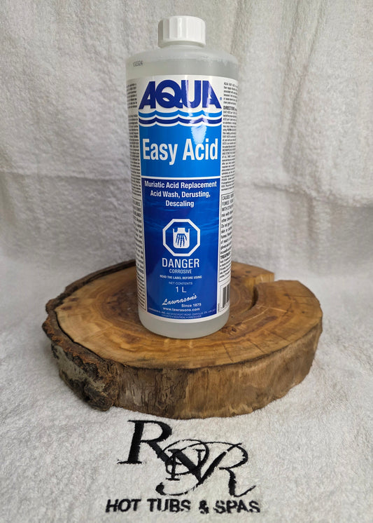 Aqua Easy Acid bottle on a wooden block with a white background