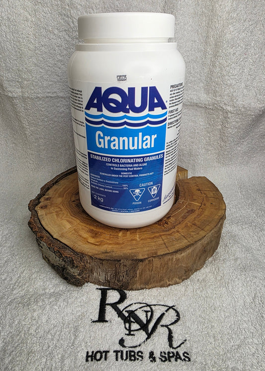 Aqua Granular product on a wooden block with a brand logo in the background