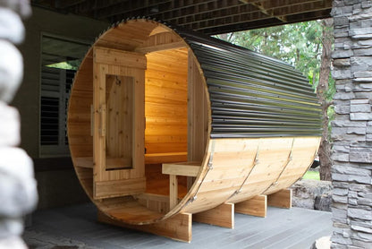6 Person Cedar Barrel Sauna with Porch – 10 Feet Long