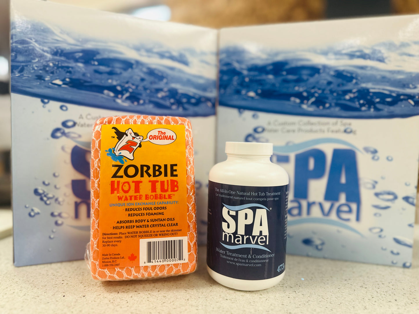 Spa marvel water treatment and conditioner with a zorbie