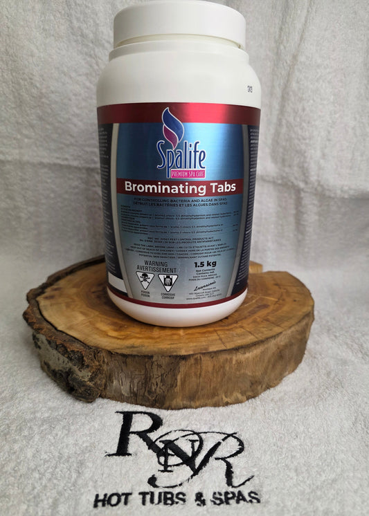 Spa or hot tub chemical tablet container on a wooden block with a brand logo in the corner.