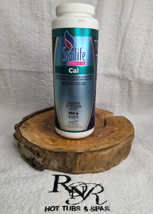Spalife product bottle on a wooden block with RnR Hot Tubs & Spas branding.